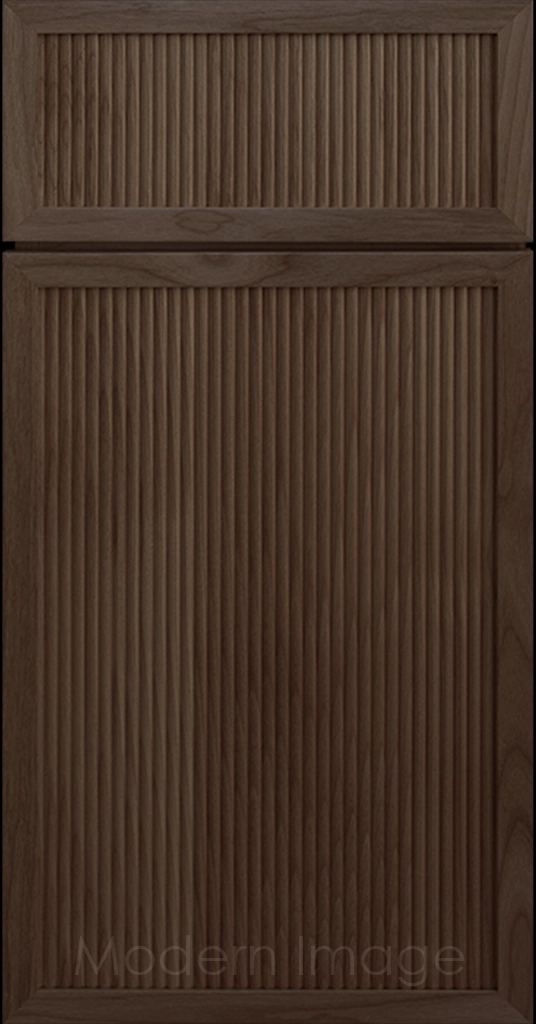 Arcadia Reed Cabinet in medium Driftwood stain, featuring a Narrow Frame and a Slim Fluted Center Panel.